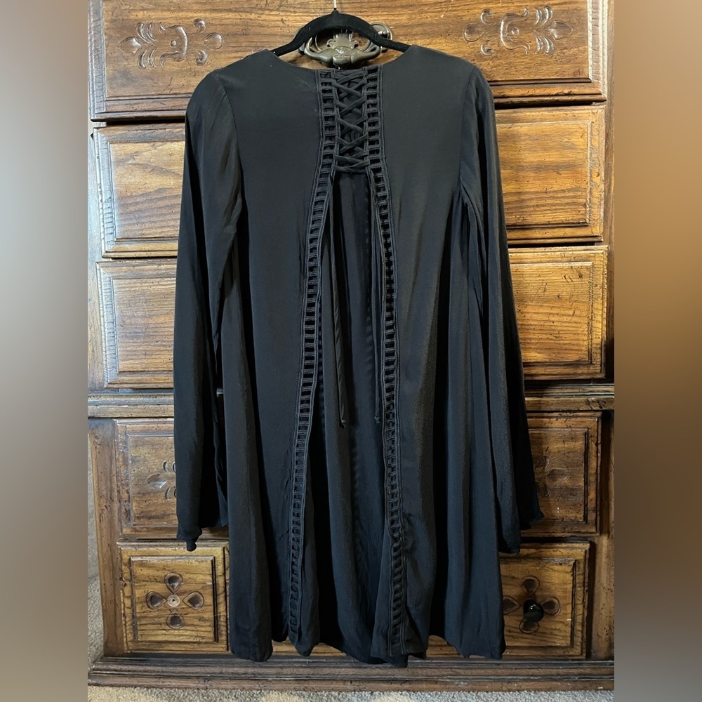 Blue Rain Black Long Sleeve Dress with Lace-Up Detail